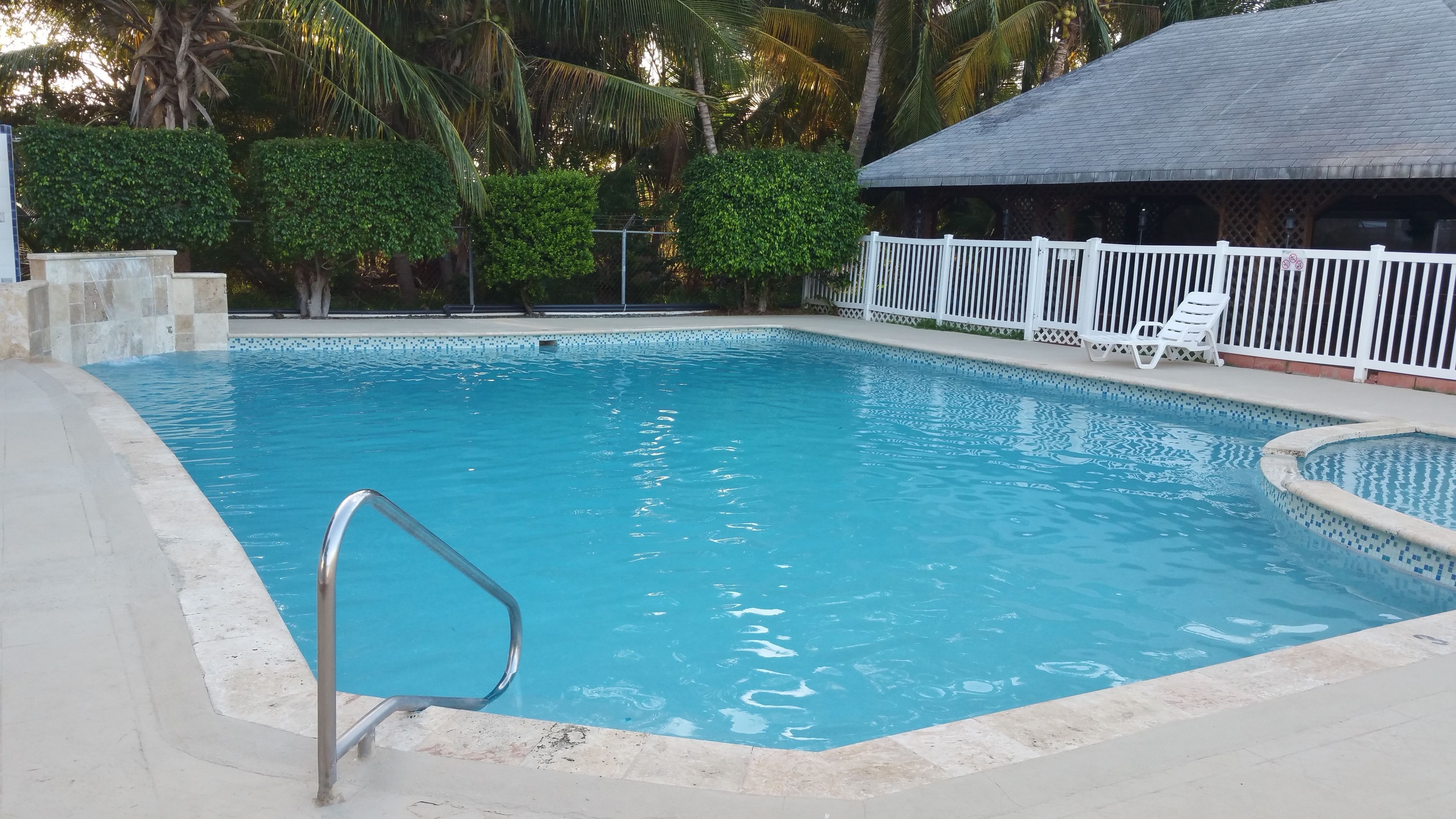 A clear swimming pool with a metal ladder, surrounded by a white fence and palm trees.