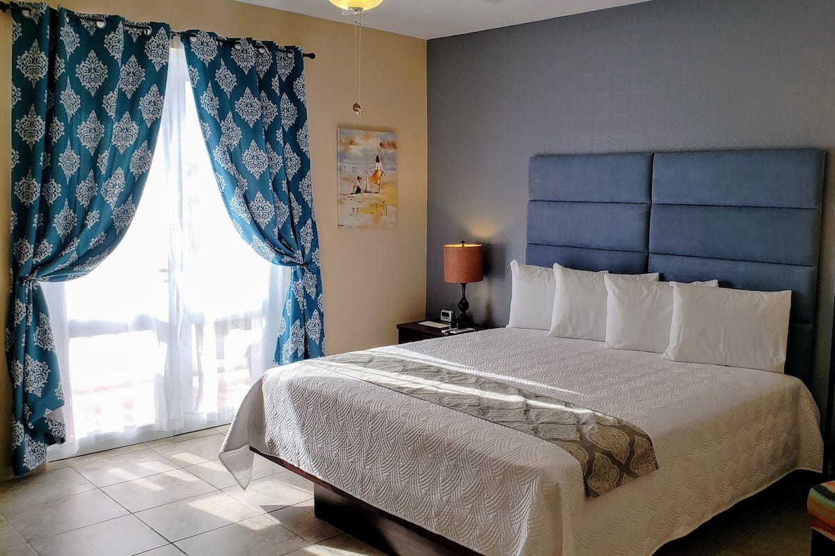 A hotel room with a large bed, a nightstand with a lamp, a chair, and a view of the outdoors.