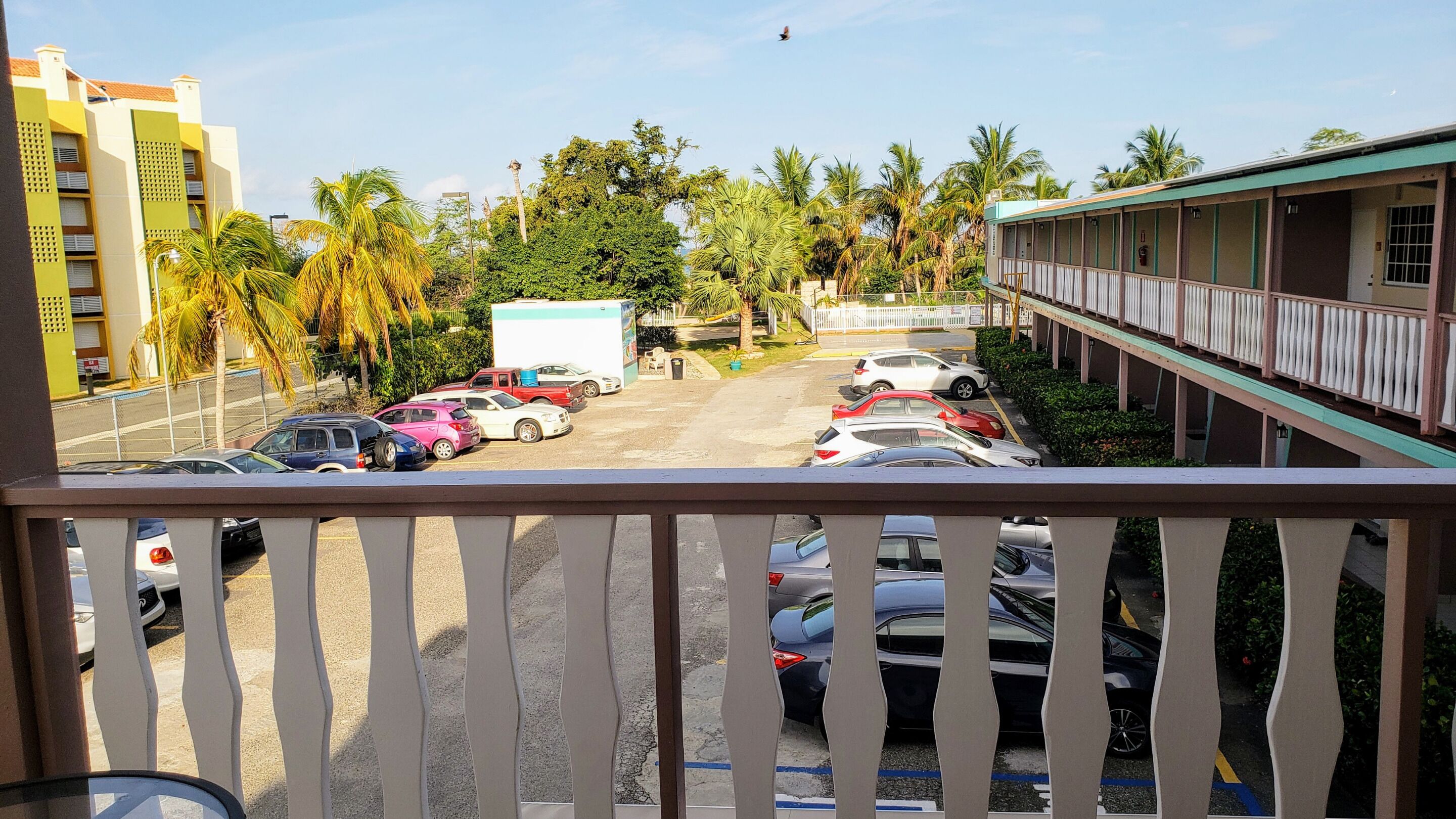Un estacionamiento con varios autos, un edificio con balcón y palmeras al fondo.
