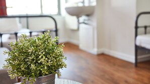 Une pièce avec une plante en pot sur une table, un lit, une fenêtre et un lavabo à l’arrière-plan.