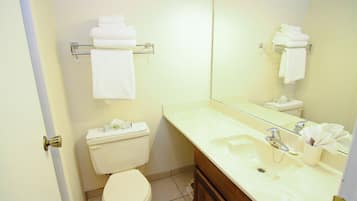 Un bagno con il water, un lavandino e uno specchio.