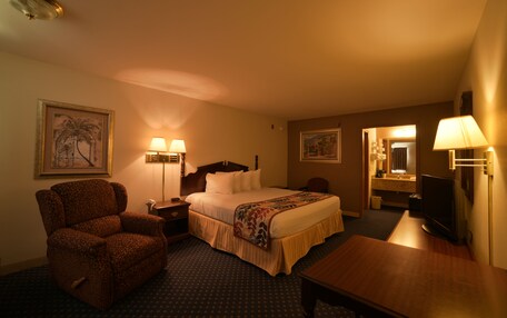 A hotel room with a bed, a chair, a desk, and a television.