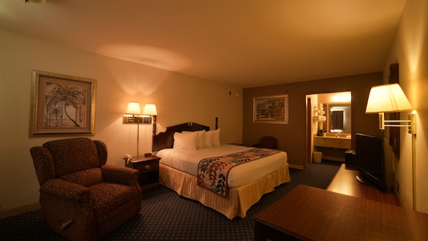 A hotel room with a bed, a chair, a desk, and a television.