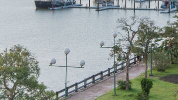 A marina with boats docked, a walking path alongside the water, and a distant shoreline with trees.