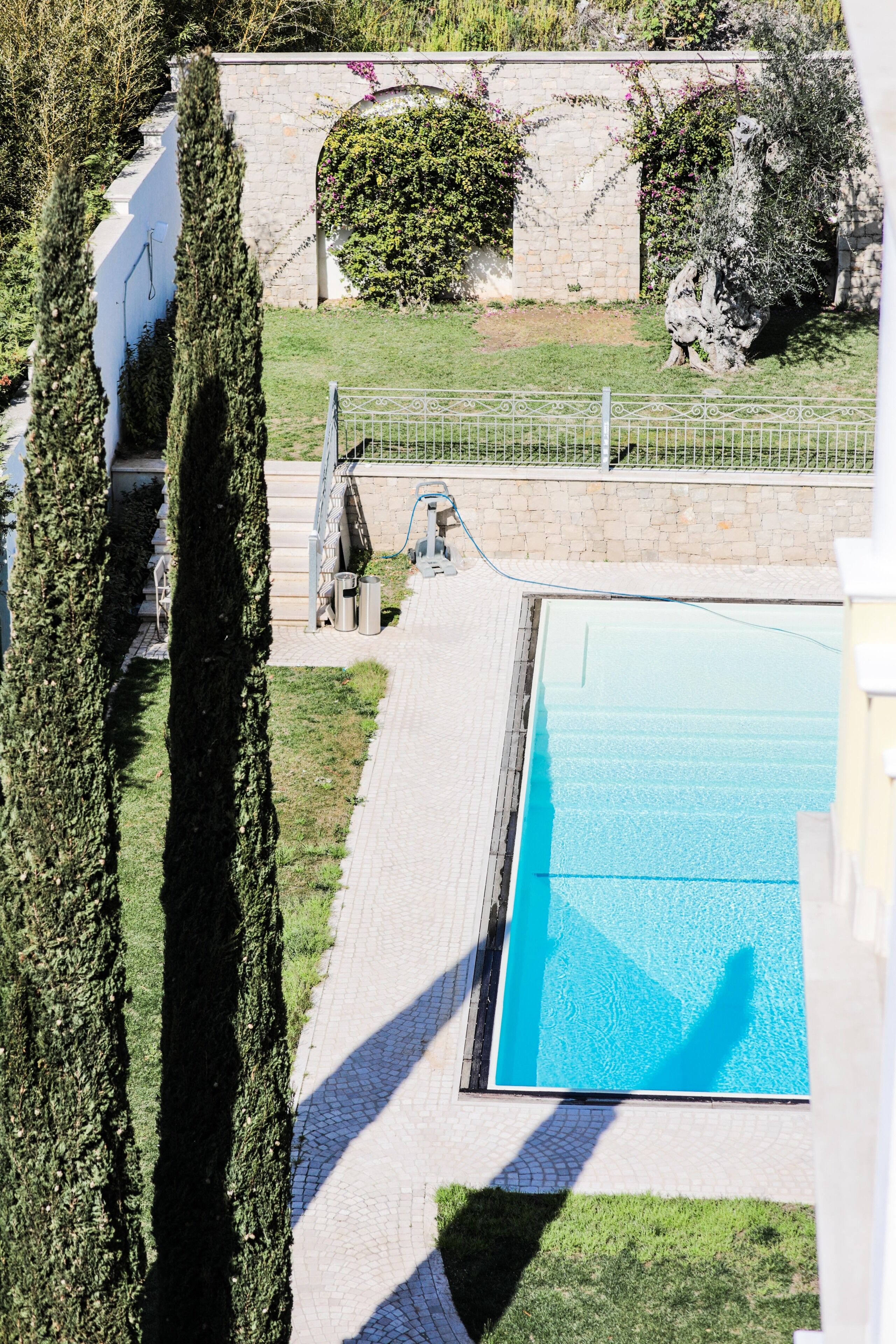 Una piscina con un muro de piedra y follaje al fondo.