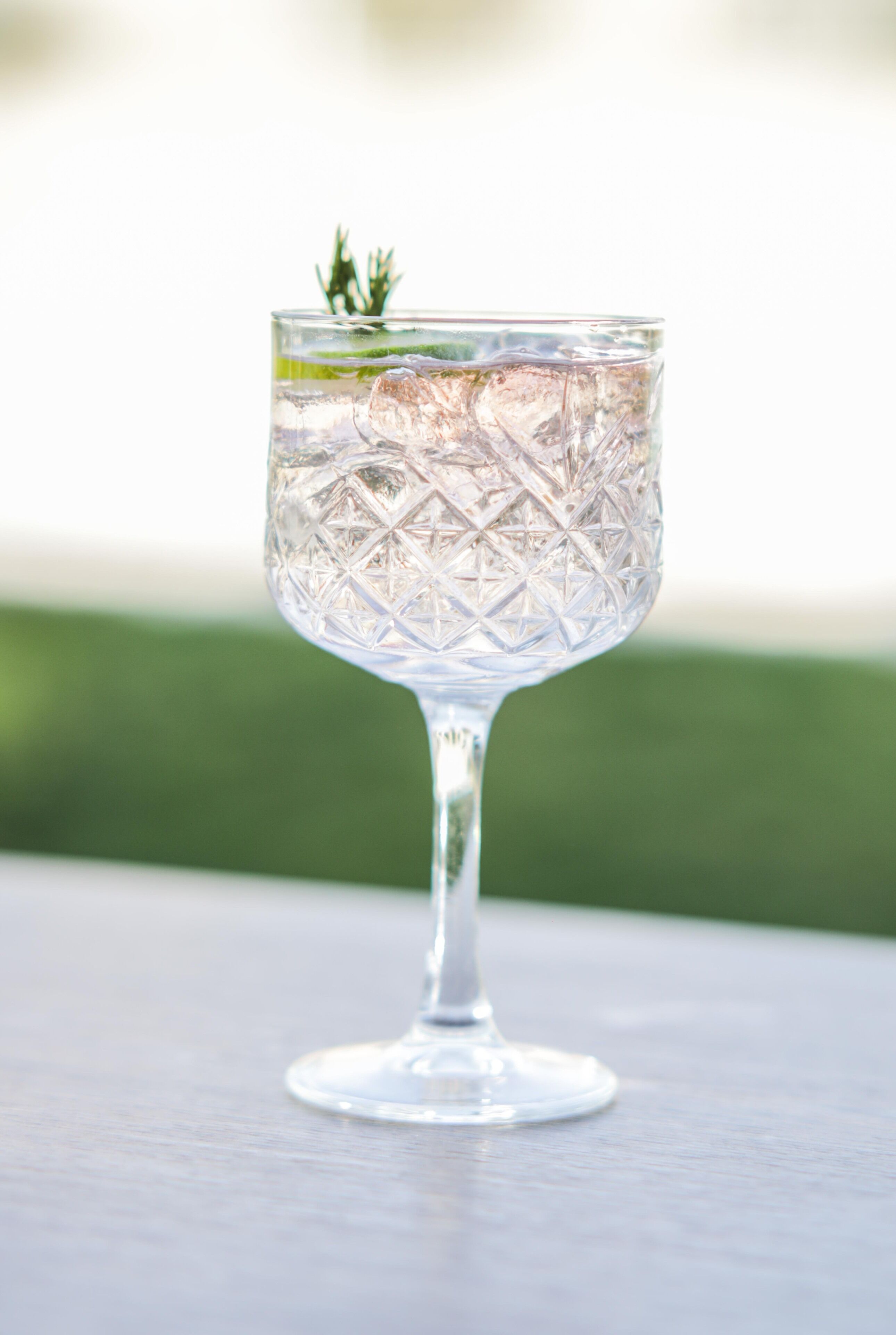 Un vaso transparente con un diseño geométrico, conteniendo una guarnición verde, sobre una superficie de color claro.