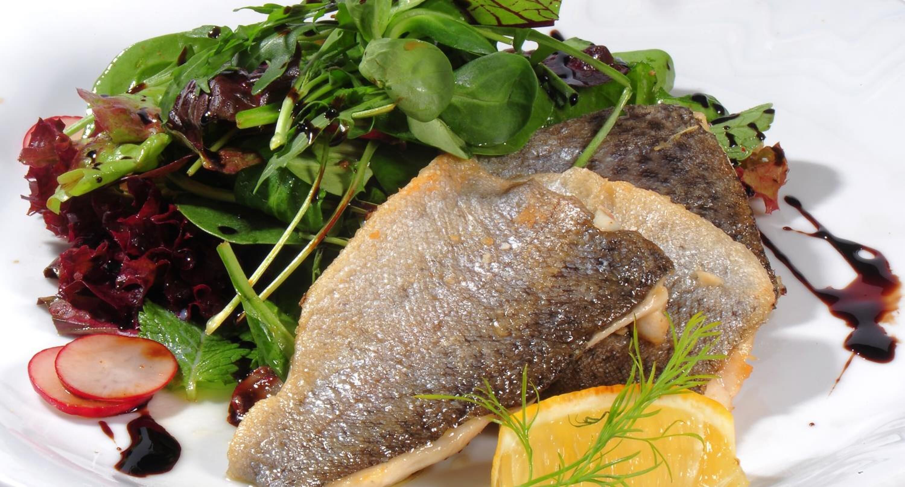 Un plato con pescado, verduras y rábanos.