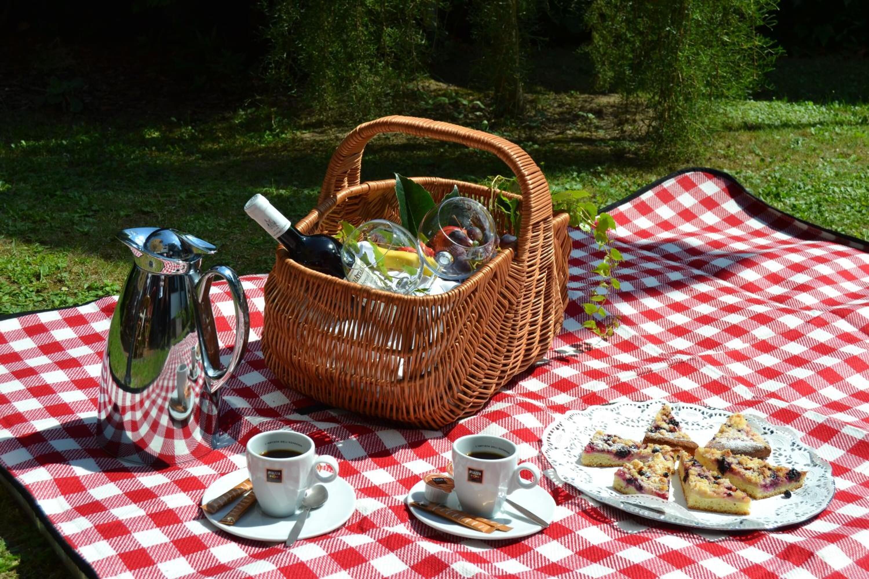 Un montaje para picnic con una cesta de mimbre, una cafetera de metal, dos tazas de café y un plato de comida sobre un mantel a cuadros al aire libre.