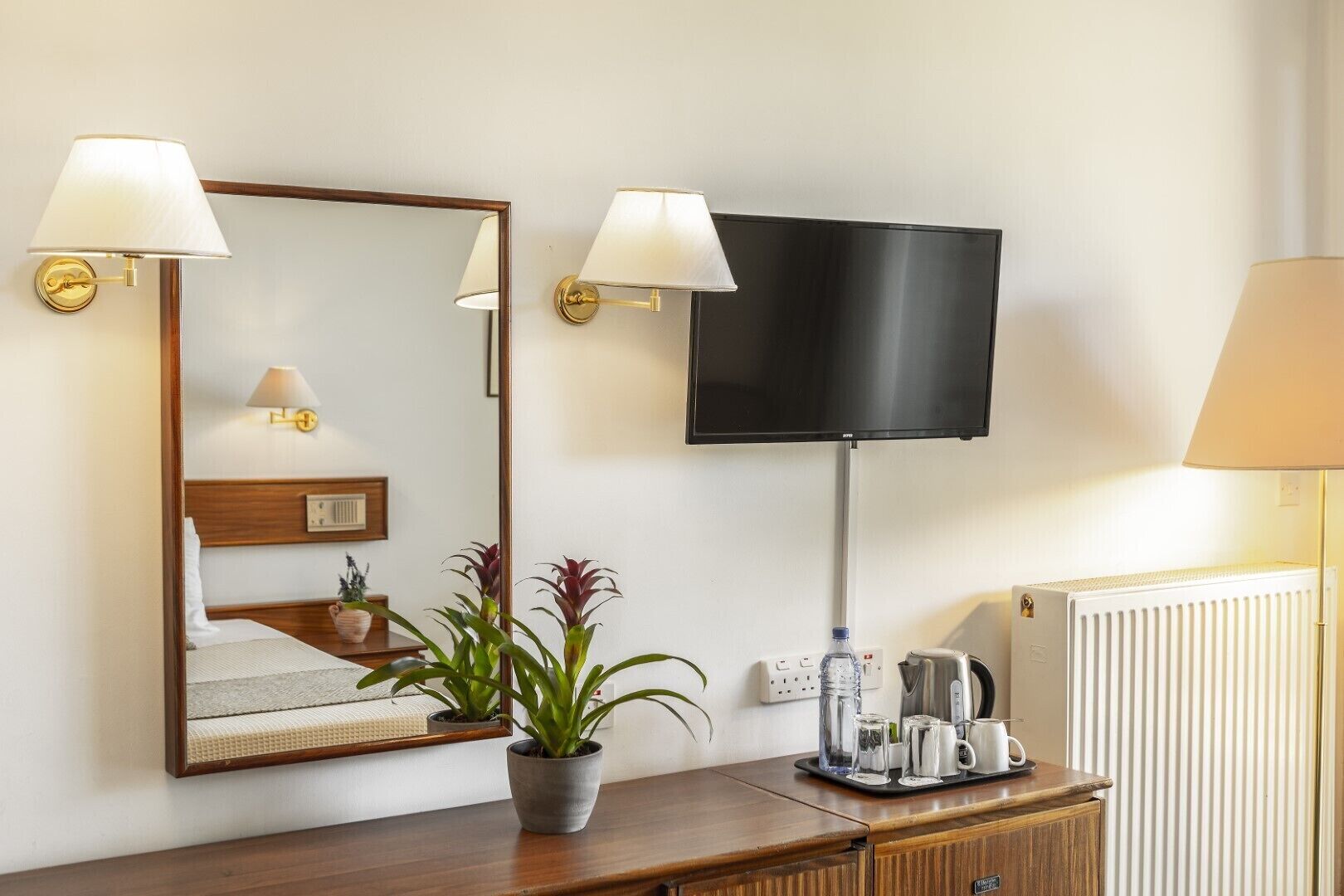 Ett hotellrum med en säng, en tv, en spegel, en växt, en kaffebryggare och ett element.