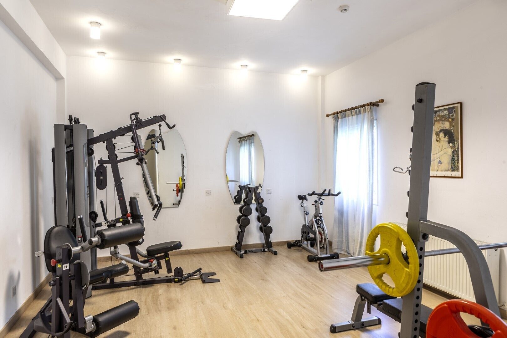 Un gimnasio con diversos equipos de ejercicio, como una banca de pesas, mancuernas y una bicicleta estática.