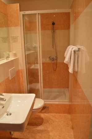 Douche, séchoir à cheveux, serviettes fournies, papier de toilette