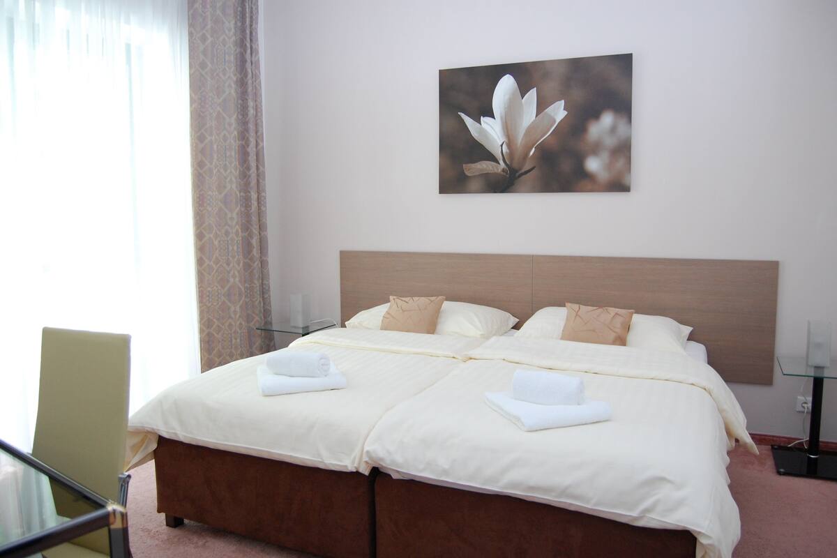 A double bed with a wooden headboard, two pillows, and a folded towel on each side.