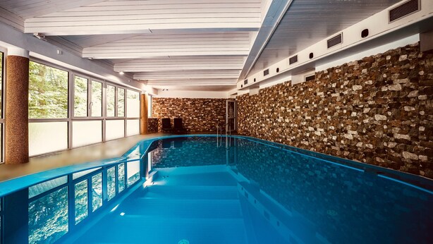 An indoor swimming pool with a stone wall and wooden ceiling. - Interhotel America (Pisek)