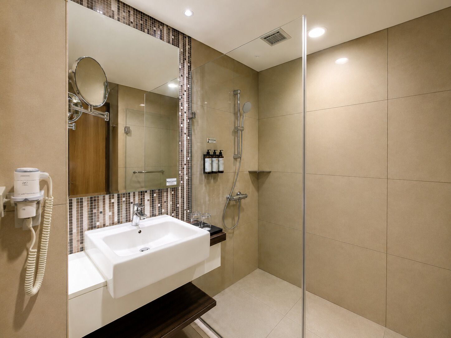 A modern bathroom with a white sink, a large mirror, a shower, and a glass-enclosed shower area.