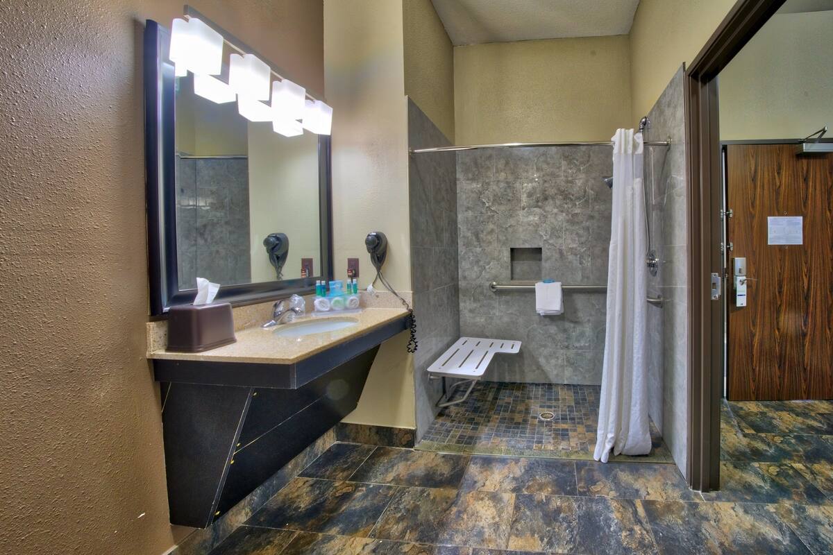 combined shower/bathtub, free toiletries, hair dryer, towels