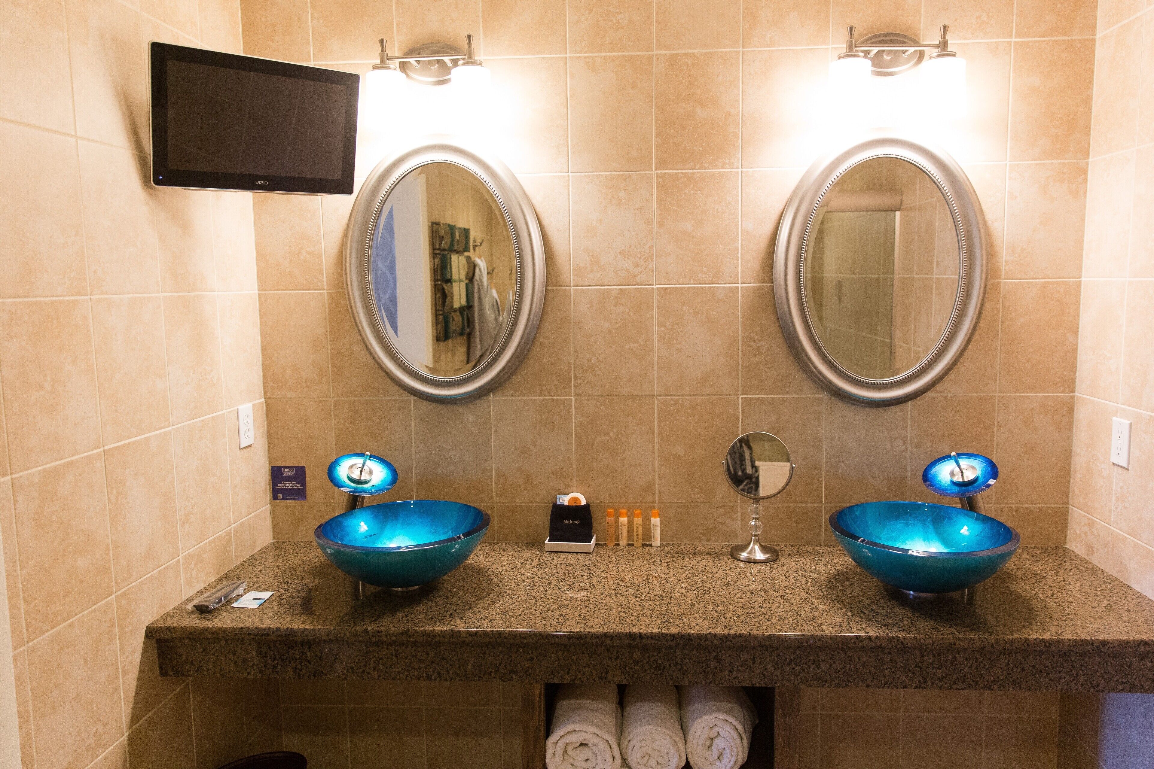 A bathroom with two sinks, each with a blue bowl, a mirror above, and a TV mounted on the wall.