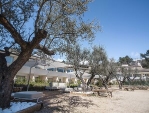 An outdoor seating area with lounge chairs and a table, surrounded by olive trees and a building with a tiled roof. - La Vague De Saint Paul (Vence)
