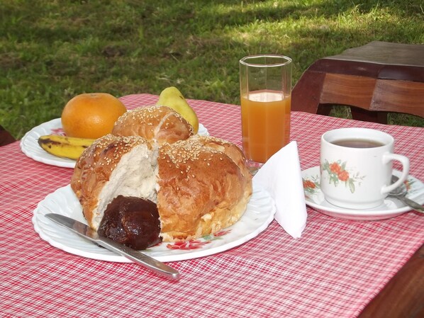 Un montaje para un picnic con un plato de comida, un vaso de jugo y una taza de té sobre un mantel a cuadros rojo y blanco.