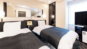A hotel room with two beds, a TV, a desk with a lamp, a mirror, and a window. - APA Hotel Ginza Shintomicho Ekimae (Tokyo)
