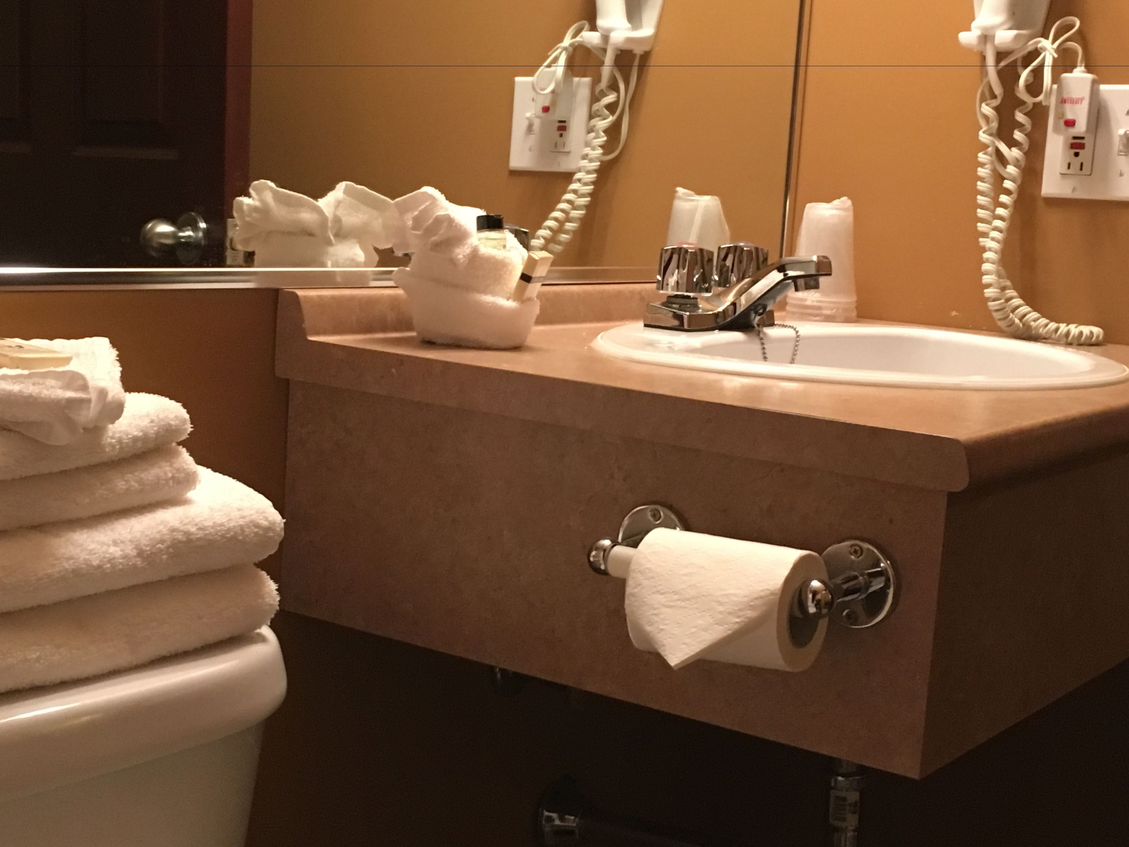 Une salle de bain équipée d’un lavabo, d’un miroir et d’un distributeur de serviettes.