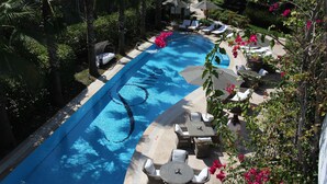Ein Schwimmbecken mit Liegestühlen und Sonnenschirmen, umgeben von Grünpflanzen und Blumen.