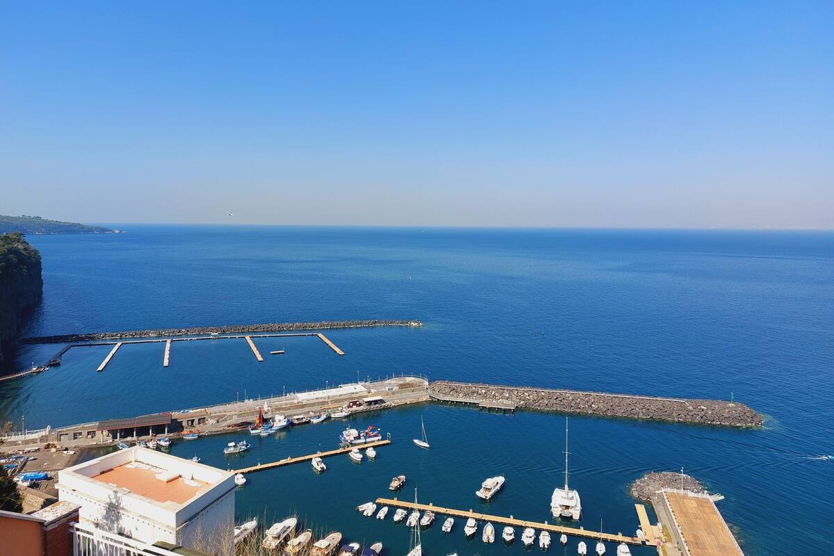 Un puerto deportivo con barcos amarrados, un cielo azul despejado y una costa rocosa.