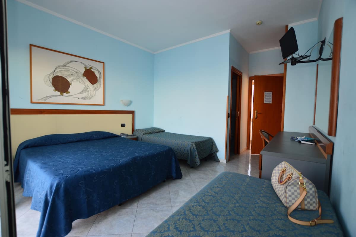 Una habitación con dos camas, un escritorio, una silla, un televisor y un cuadro en la pared.
