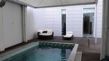 Indoor pool, outdoor pool, pool loungers