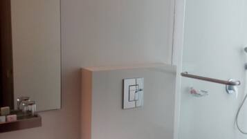 Baño con lavamanos, inodoro y ducha.