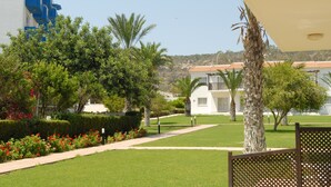 A well-maintained garden with a pathway, palm trees, and a building with blue accents. - Maistros Hotel Apartments (Protaras)