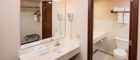 A bathroom with a sink, mirror, hairdryer, and toilet.