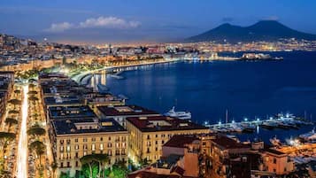 A coastal cityscape at dusk with a prominent bridge, marina, and a mountain in the background.
