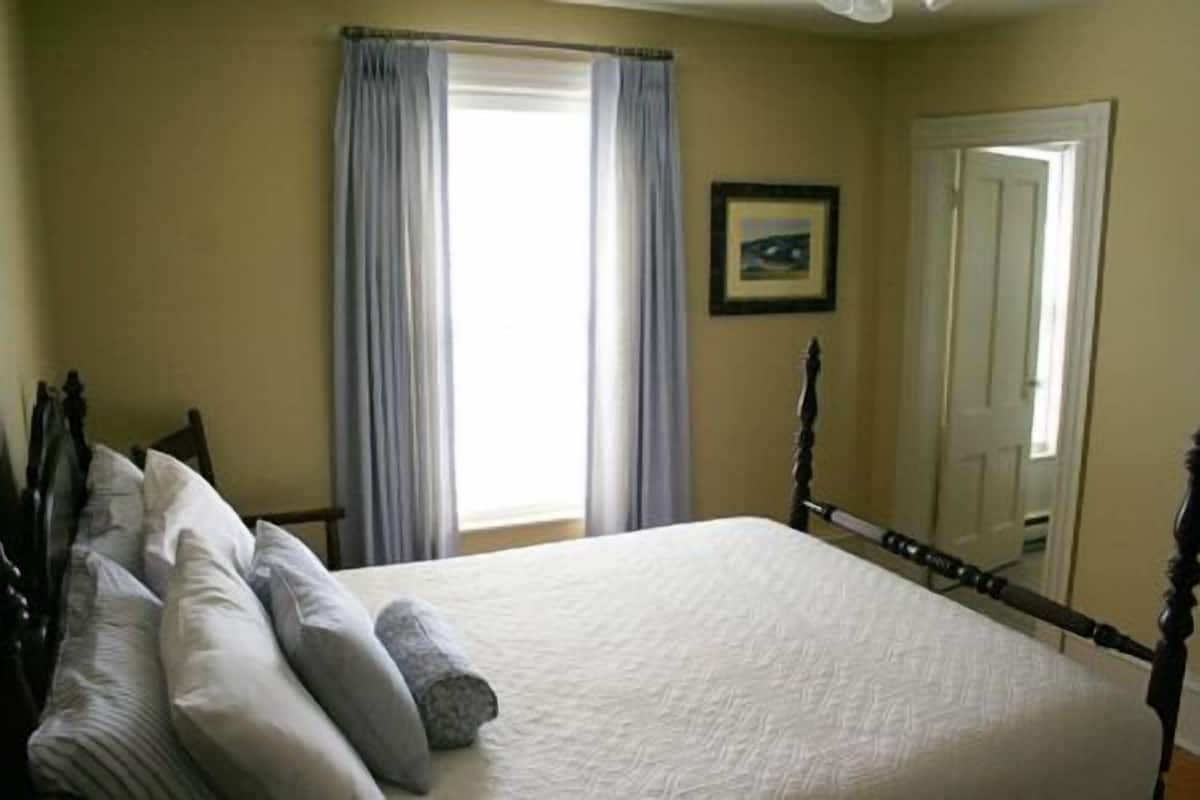 A bedroom with a bed, curtains, a framed picture, and a door.
