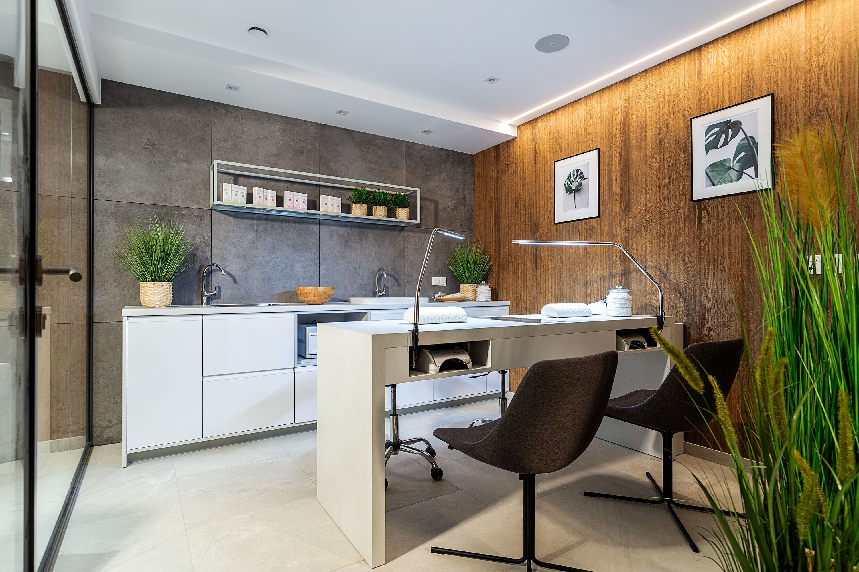A modern office space with a desk, two chairs, a shelf with plants, and a wooden accent wall.