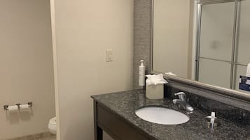 Un baño con lavamanos de encimera de granito, un espejo y una ducha a la vista al fondo.