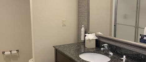 A bathroom with a granite countertop sink, a mirror, and a shower visible in the background.