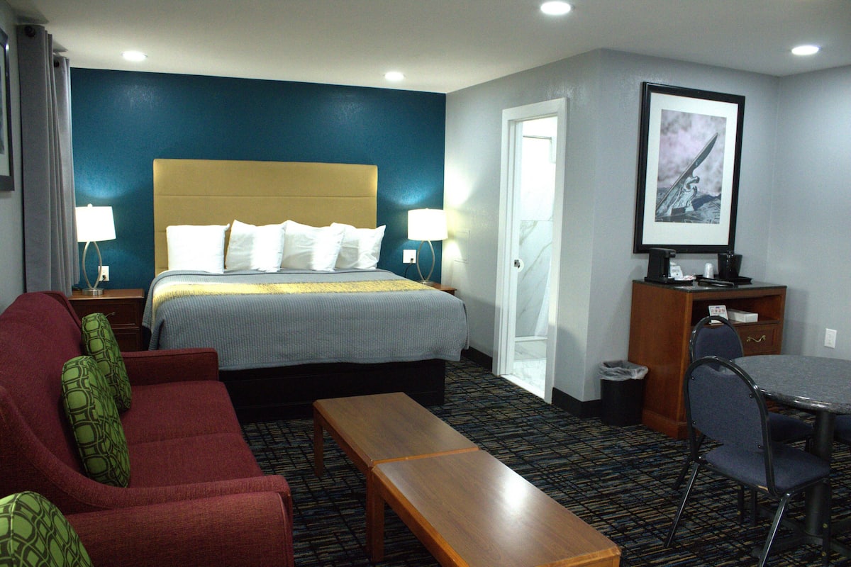 A hotel room with a bed, a desk, a chair, a sofa, and a bench.