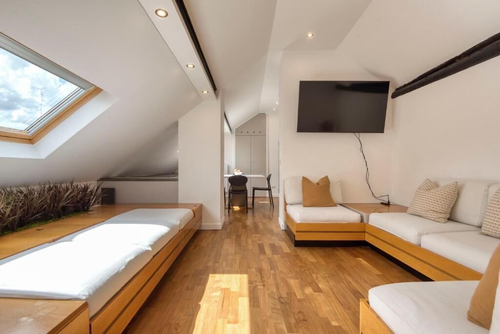 A modern loft bedroom with a skylight, a flat-screen TV, a sofa bed, and a wooden floor.