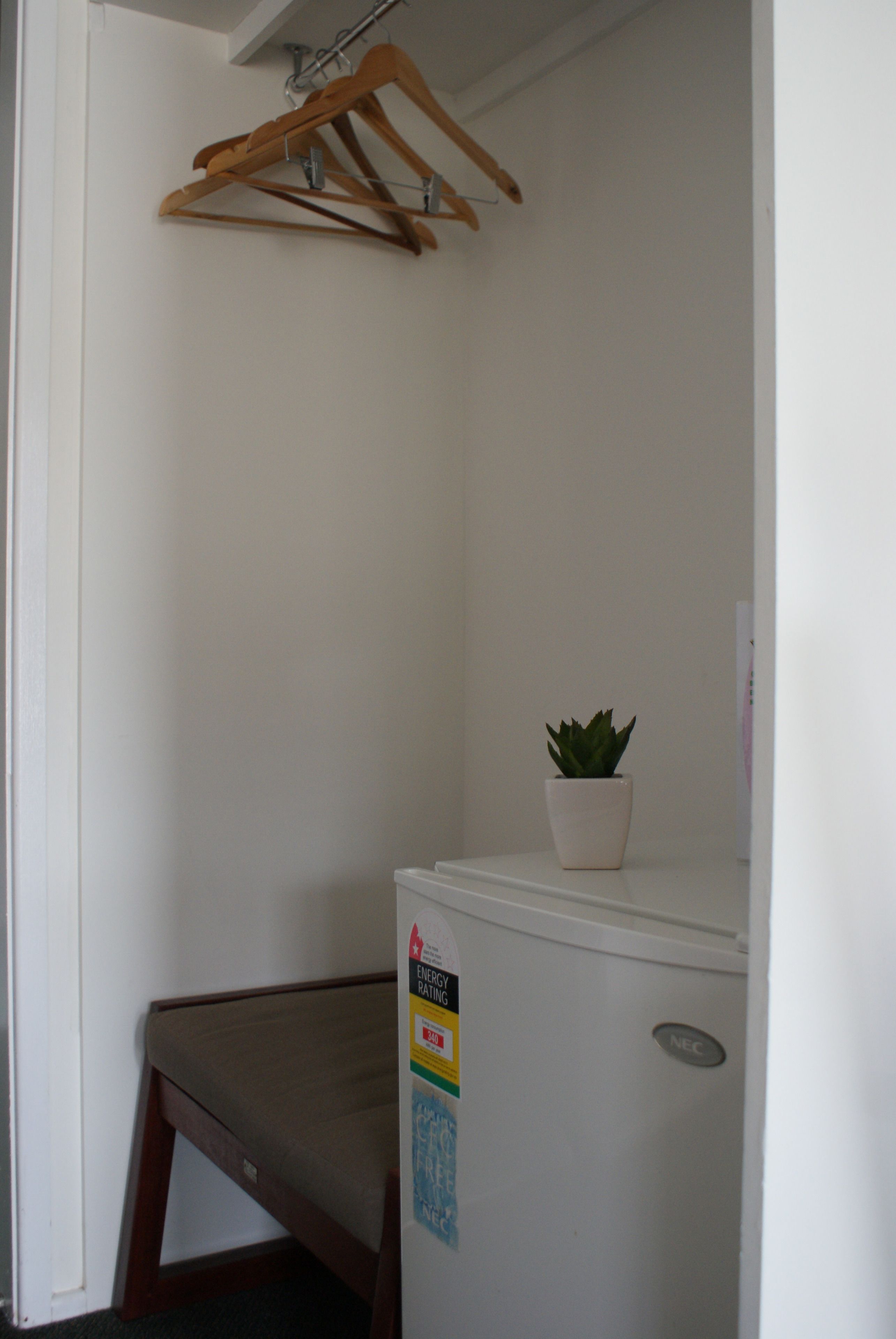 A compact room with a small bench, a potted plant, and a white refrigerator.