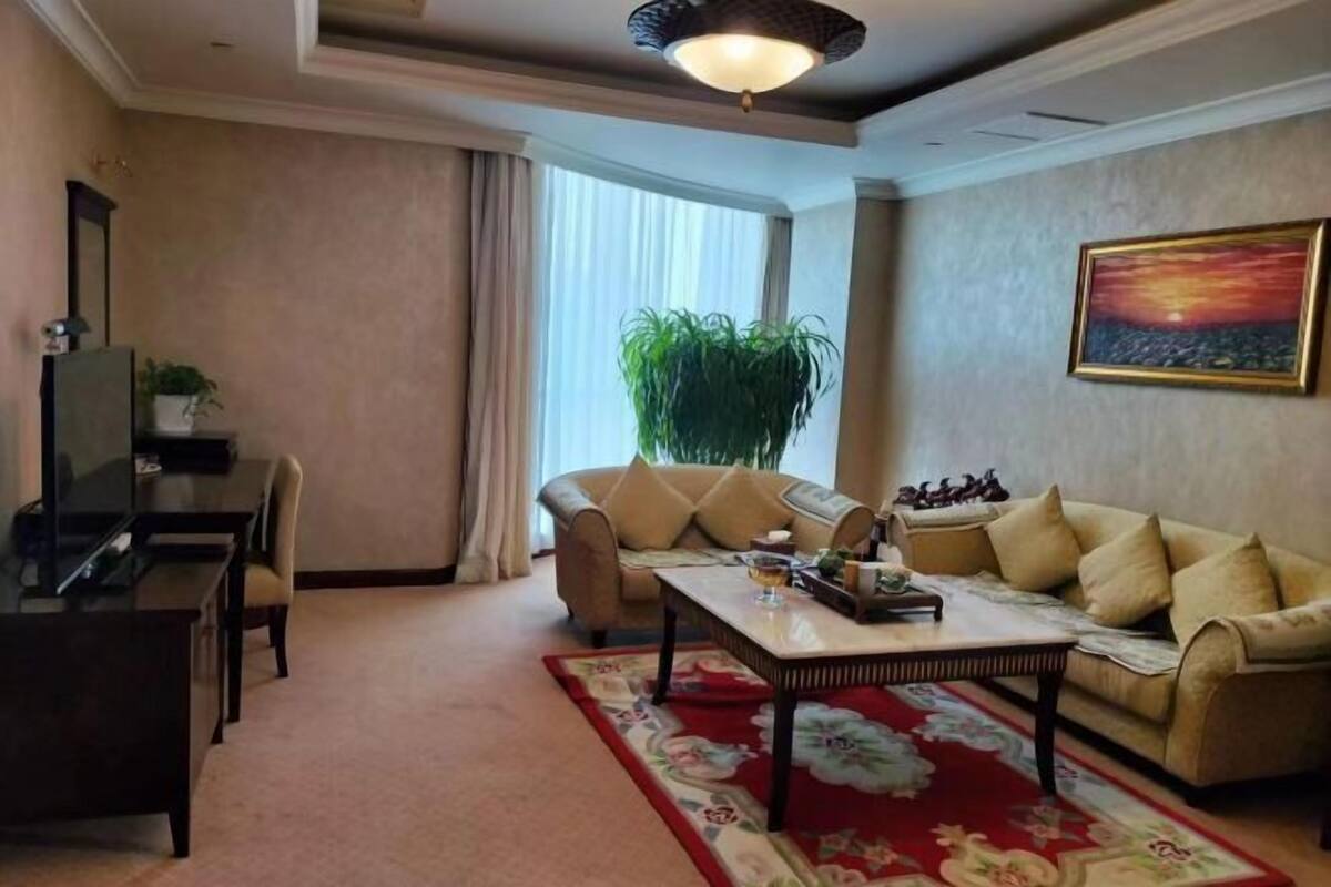 Uma sala de estar com sofá, mesa de centro, televisão e uma janela grande com cortinas.
