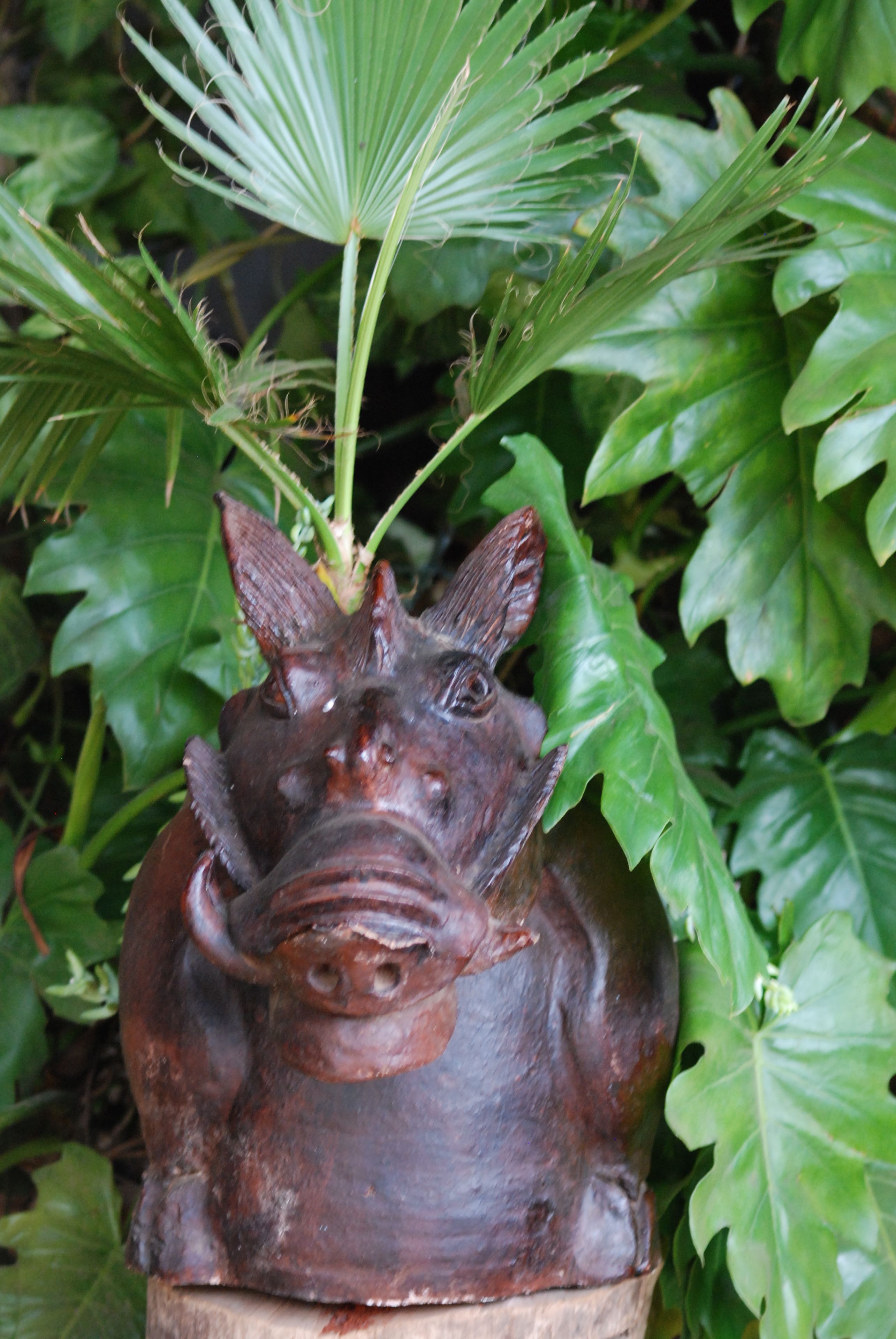 A wooden sculpture of a boar with a plant growing out of its head.
