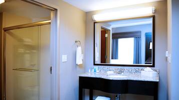 A modern bathroom with a glass shower enclosure, a dual sink vanity, and a large mirror.