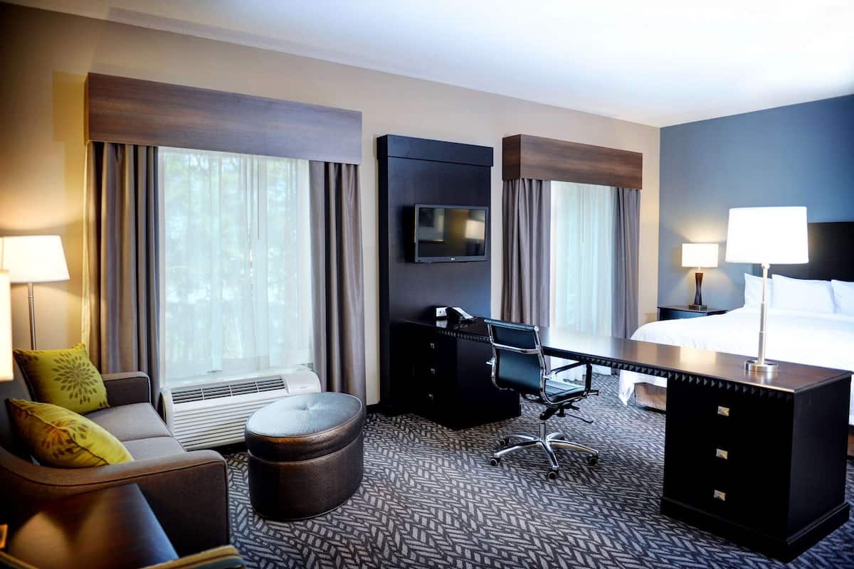 Quarto de hotel com cama, escrivaninha, cadeira, sofá, televisão e janela com cortinas.