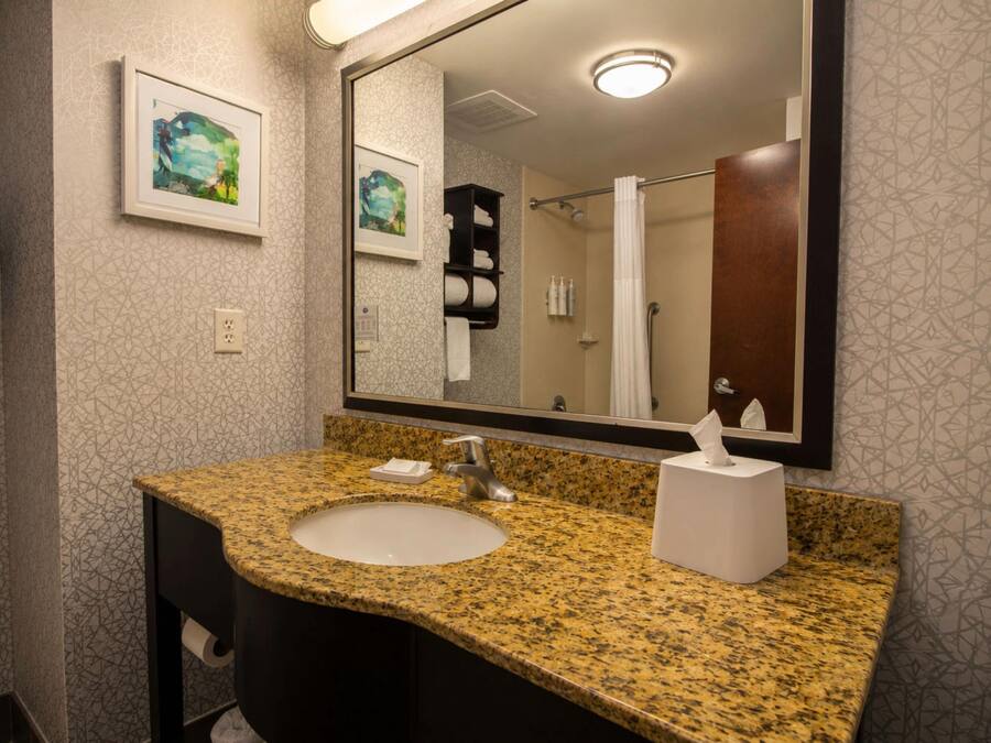 Un baño con lavamanos de granito, un espejo y dos cuadros en la pared.