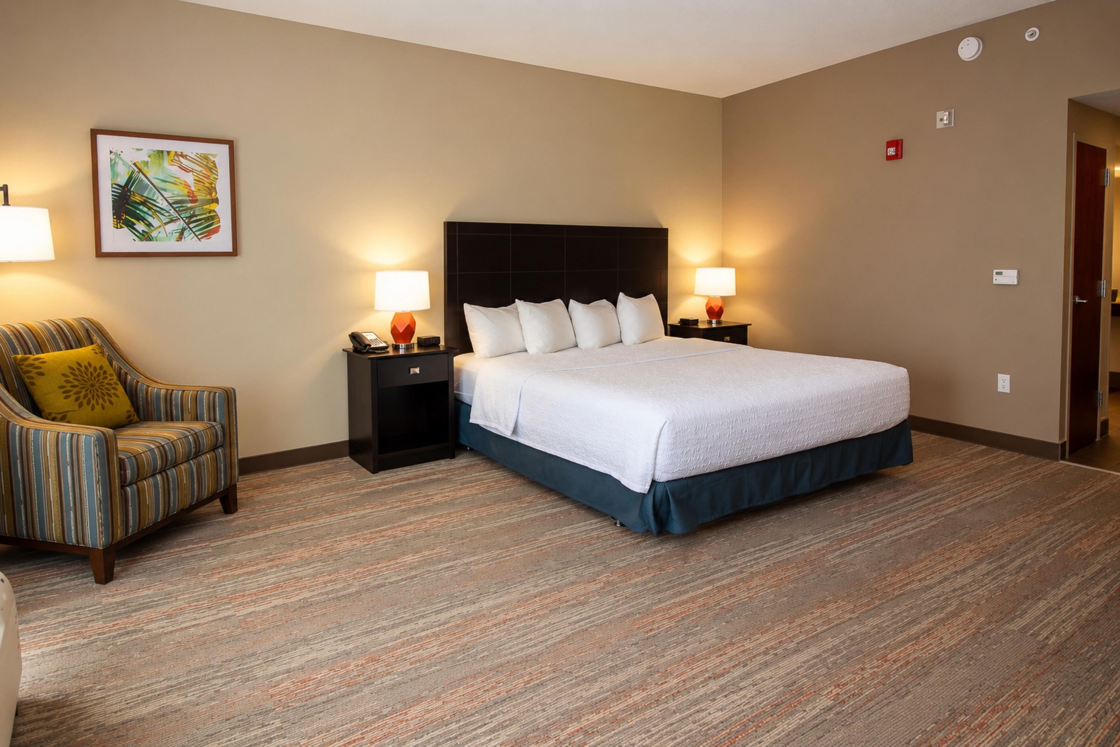 Habitación de hotel con una cama grande, una silla, dos mesitas de noche con lámparas, un cuadro en la pared y suelo alfombrado.