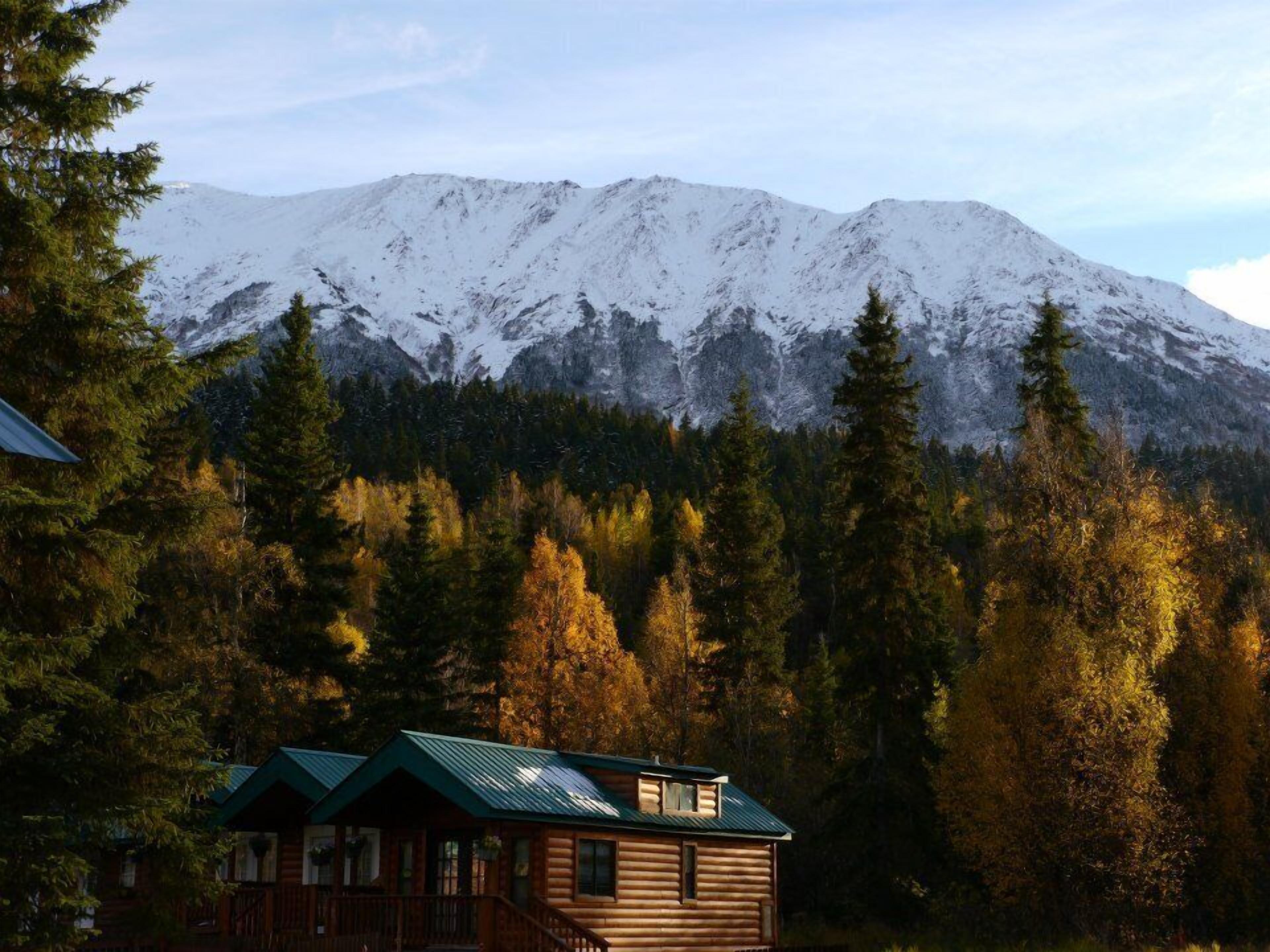 Una cabaña de troncos con techo de metal, rodeada por un bosque de árboles de colores otoñales, y una montaña nevada al fondo.