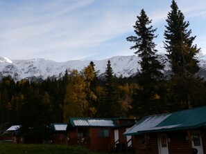 Une rangée de chalets en rondins surmontés de toits métalliques, entourés d’une forêt et avec des montagnes enneigées en arrière-plan.