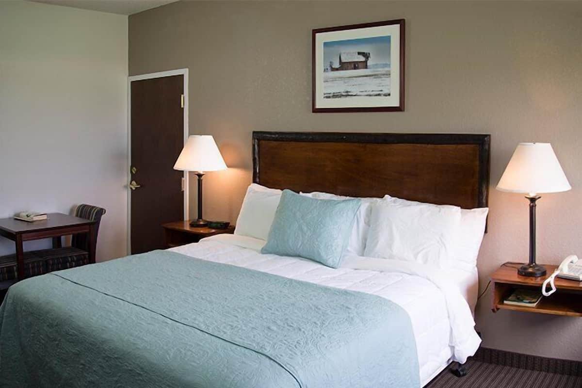 A hotel room with a large bed, two bedside tables with lamps, a small desk with a chair, and a framed picture on the wall.
