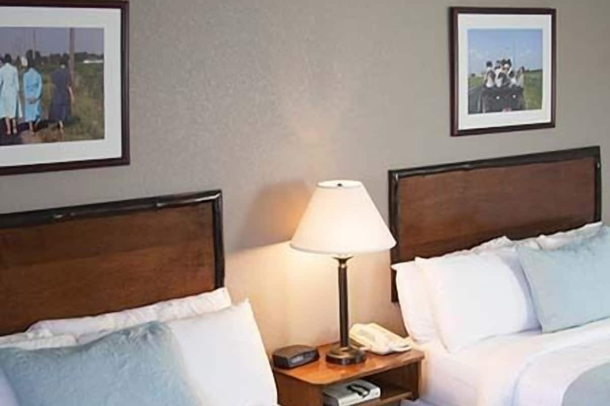 A hotel room with two beds, a bedside table with a lamp, and framed pictures on the wall.