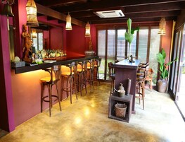 Una zona de bar con mostrador, taburetes y una planta decorativa.